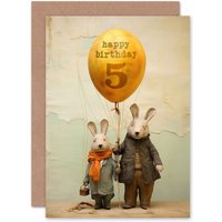 Artery8 Kids Birthday Age 5 Cute Bunny Rabbits Balloon For Child Son Daughter Greeting Card