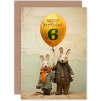 Artery8 Kids Birthday Age 6 Cute Bunny Rabbits Balloon For Child Son Daughter Greeting Card