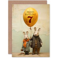 Artery8 Kids Birthday Age 7 Cute Bunny Rabbits Balloon For Child Son Daughter Greeting Card