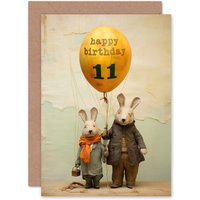 Artery8 Kids Birthday Age 11 Cute Bunny Rabbits Balloon For Child Son Daughter Greeting Card