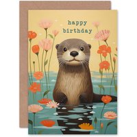 Artery8 Kids Birthday Cute Otter Lake Flowers For Child Son Daughter Greeting Card