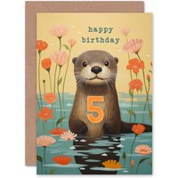 Artery8 Kids Birthday Age 5 Cute Otter Lake Flowers For Child Daughter Girl Greeting Card