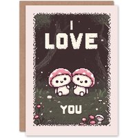 Artery8 Anniversary Card Pixel Art I Love You Mushrooms Cute Gamer For Him or Her in Pink