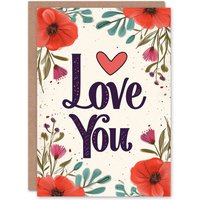 Artery8 Anniversary Card Poppies Red Flowers Love You Simple For Her Wife Partner in Beige