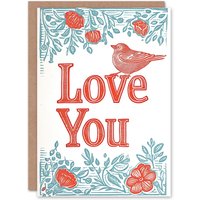 Artery8 Anniversary Card Love You Boho Floral Folk Art Bird For Her Wife Partner in Red