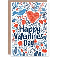 Artery8 Anniversary Card Happy Valentines Day Boho Folk Bird For Her Wife Partner in Red