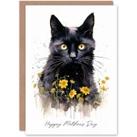 Artery8 Women's Mother's Day Greeting Card Black Cat Lover Yellow Flowers For Mum in White