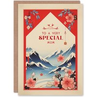 Artery8 Women's Mother's Day Greeting Card Very Special Mum Japanese Cherry Blossom Mountains For Mum in Red
