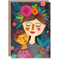 Artery8 Women's Mother's Day Greeting Card Birthday Mom Daughter Folk Art Portrait For Mum in Blue