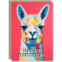 Artery8 Birthday Greeting Card Colourful Geometric Happy Llama For Him Her in Pink