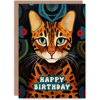 Artery8 Birthday Greeting Card Bengal Cat Lover Abstract Pattern For Him Her in Dark Blue