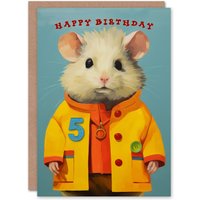 Artery8 5th Birthday Greeting Card Cute Mouse in Raincoat Kids Age 5 Year Old Child in Blue