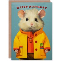 Artery8 Kids Birthday Greeting Card Cute Mouse in Raincoat Child in Blue