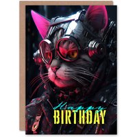 Artery8 Birthday Greeting Card Cyborg Cat Lover Sci-Fi For Him Her in Dark Grey