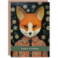 Artery8 Birthday Greeting Card Fox in Floral Shirt Cute For Him Her in Orange
