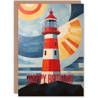 Artery8 Birthday Greeting Card Abstract Nautical Lighthouse Sun For Him Her in Blue