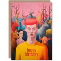 Artery8 Birthday Greeting Card Weird Ginger Dream Surreal Animals For Him Her in Pink