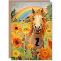Artery8 2nd Birthday Greeting Card Rainbow Horse Sunflowers Kids Age 2 Year Old Child in Yellow