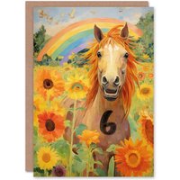 Artery8 6th Birthday Greeting Card Rainbow Horse Sunflowers Kids Age 6 Year Old Child in Yellow