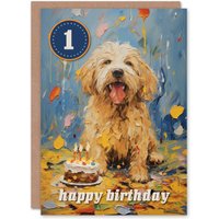 Artery8 1st Birthday Greeting Card Dog Lover Puppy Cake Kids Age 1 Year Old Child in Blue
