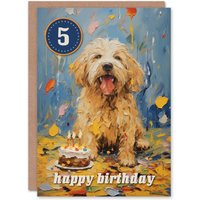 Artery8 5th Birthday Greeting Card Dog Lover Puppy Cake Kids Age 5 Year Old Child in Blue