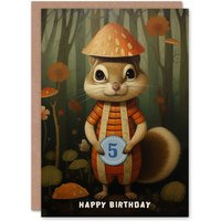 Artery8 5th Birthday Greeting Card Squirrel Mushroom Woodland Kids Age 5 Year Old Child in Brown