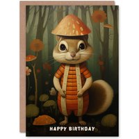 Artery8 Birthday Greeting Card Squirrel Mushroom Woodland Kids Child in Brown