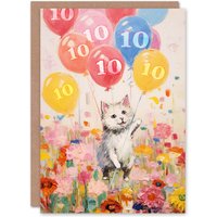 Artery8 10th Birthday Greeting Card Flowers Kitty Cat Balloons Kids Age 10 Year Old Child in Pink