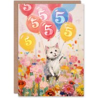 Artery8 5th Birthday Greeting Card Flowers Kitty Cat Balloons Kids Age 5 Year Old Child in Pink