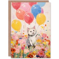 Artery8 Birthday Greeting Card Flowers Kitty Cat Kids Balloons Child in Pink