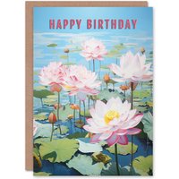 Artery8 Women's Birthday Greeting Card Lotus Pond Flowers For Her in Blue