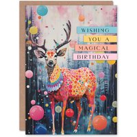 Artery8 Birthday Greeting Card Magical Colourful Stag For Him Her