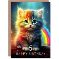 Artery8 5th Birthday Greeting Card Kids Cute Rainbow Kitten Age 5 Year Old Child in Blue