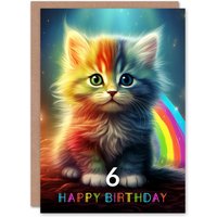 Artery8 6th Birthday Greeting Card Kids Cute Rainbow Kitten Age 6 Year Old Child in Blue
