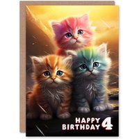 Artery8 4th Birthday Greeting Card Cute Rainbow Kittens Kids Age 4 Year Old Child in Yellow