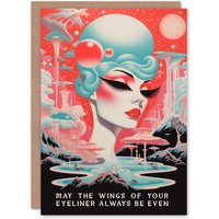 Artery8 Women's Birthday Greeting Card Cosmic Space Lady Eyeliner Wings Retro Sci-Fi Funny For Her in Red