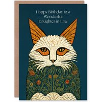 Artery8 Women's Daughter In Law Happy Birthday Card Magnificent Moggie William Morris Style Elegant Retro Cat For Her Greeting Card in Navy