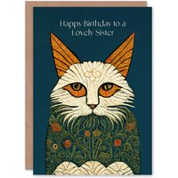 Artery8 Women's Sister Happy Birthday Card Magnificent Moggie William Morris Style Elegant Retro Cat For Her Greeting Card in Navy
