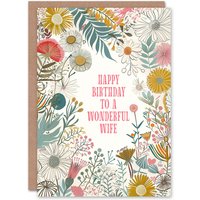 Artery8 Women's Wife Happy Birthday Card Modern Floral Wildflower Boho Elegant Botanical For Her Greeting Card in White