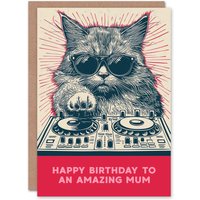 Artery8 Women's Mum Happy Birthday Card DJ Moggie Retro Cool Cat On Decks Fun Funny For Her Greeting Card in Red