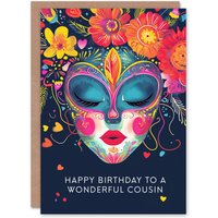 Artery8 Women's Cousin Happy Birthday Card Floral Headdress Love Hearts Flowers Venetian Mask For Her Greeting Card in Navy