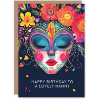Artery8 Women's Nanny Happy Birthday Card Floral Headdress Love Hearts Flowers Venetian Mask For Her Greeting Card in Navy