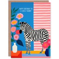 Artery8 Women's Nanny Happy Birthday Card Colourful Modern Bright Zebra Stripes & Flowers For Her Greeting Card in Pink