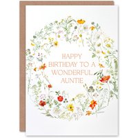 Artery8 Women's Auntie Happy Birthday Card Simple Delicate Elegant Floral Circle Flowers & Plants Gardening For Her Greeting Card in White