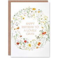 Artery8 Women's Gran Happy Birthday Card Simple Delicate Elegant Floral Circle Flowers & Plants Gardening For Her Greeting Card in White