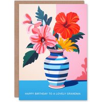 Artery8 Women's Grandma Happy Birthday Card Magnolia Lilies Modern Bold Colourful Bouquet Vase For Her Greeting Card in Pink