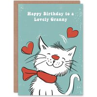 Artery8 Women's Granny Happy Birthday Card Happy White Cat In Scarf Drawing Love Hearts For Her Greeting Card in Duck Egg Blue