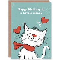 Artery8 Women's Nanny Happy Birthday Card Happy White Cat In Scarf Drawing Love Hearts For Her Greeting Card in Duck Egg Blue