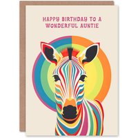 Artery8 Women's Auntie Happy Birthday Card Fun Rainbow Zebra Stripes Bauhaus Bright Funky For Her Greeting Card