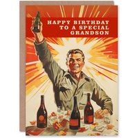 Artery8 Men's Happy Birthday Card to a Special Grandson Retro 1950's Style Beer Wine Lover in Red